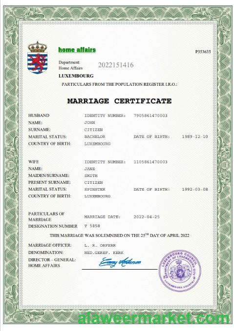 Luxembourg marriage certificate Word and PDF template